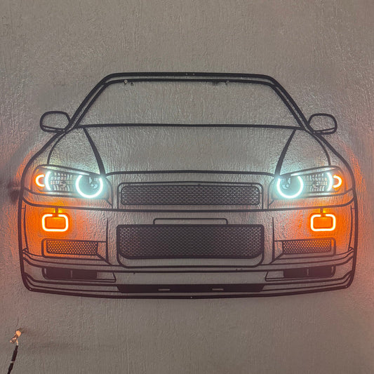GT-R R34 Front View Metal Neon Car Wall Art